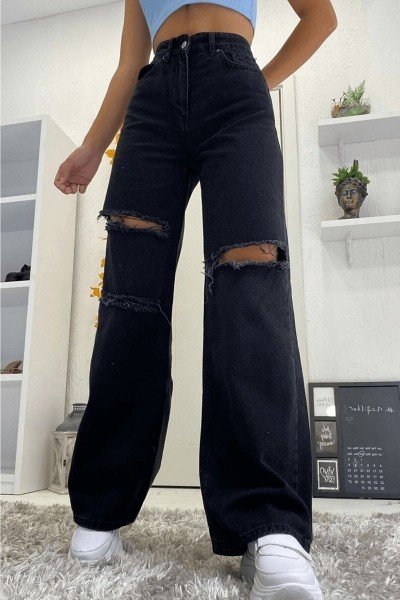 Ronja 90 s Kadın Yırtık Siyah Salaş Likralı Süper Yüksek Bel 90 s Denim Kot Pantolon Jeans