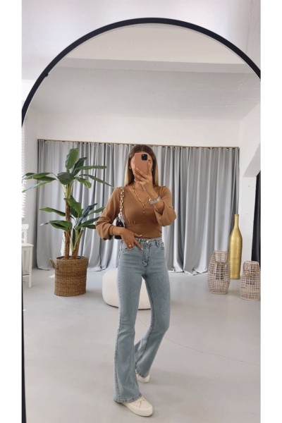 Arya Ispanyol Ispanyol Paça Jeans Solmaz Mavi Kar Yıkama Ispanyol Jeans Yüksek Bel Kot Pantolon