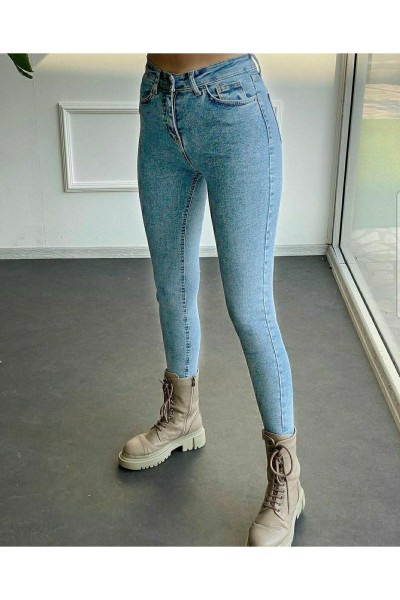 Açık Mavi Kar Yıkama Yüksel Bel Bilek Boy Dar Paça Skinny Likralı Kot Pantalon
