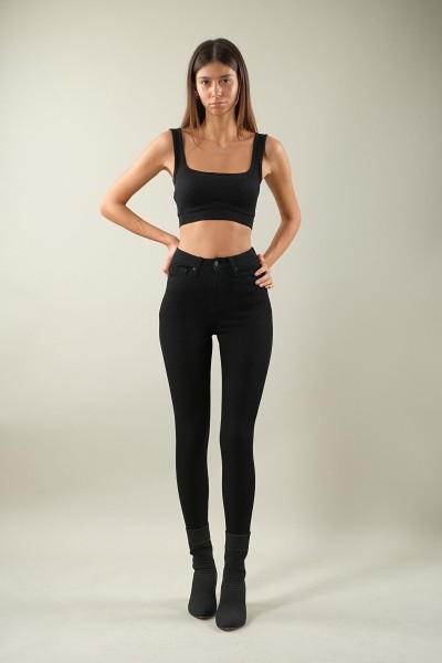 Siyah Yüksek Bel Toparlayıcı Skinny Dar Paça Solmaz Jeans Pantolon