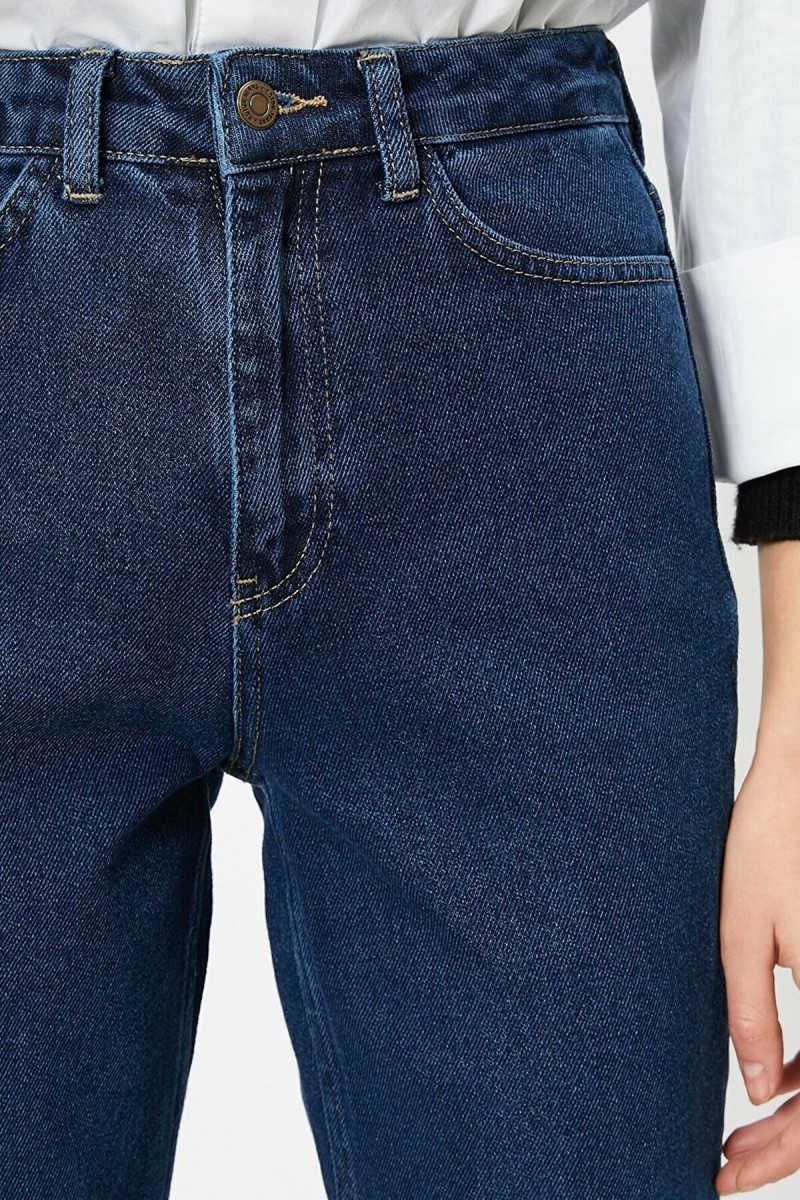 Liteon Koyu Mavi Mom Jeans Yumuşak Likralı Yüksek Bel Kot Pantolon