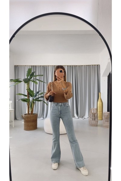 Arya Ispanyol Ispanyol Paça Jeans Solmaz Mavi Kar Yıkama Ispanyol Jeans Yüksek Bel Kot Pantolon