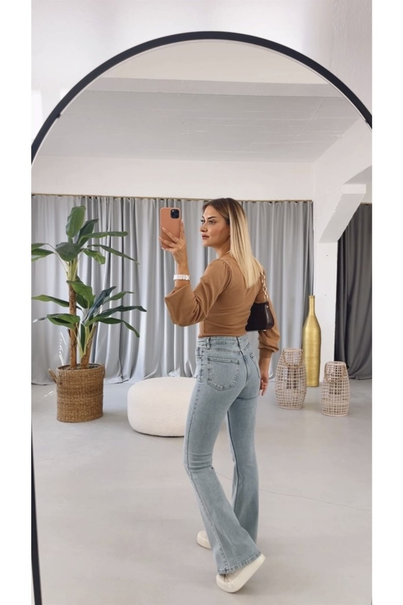 Arya Ispanyol Ispanyol Paça Jeans Solmaz Mavi Kar Yıkama Ispanyol Jeans Yüksek Bel Kot Pantolon