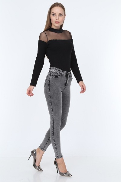 Füme Yüksek Bel Toparlayıcı Skinny Dar Paça Solmaz Jeans Pantolon