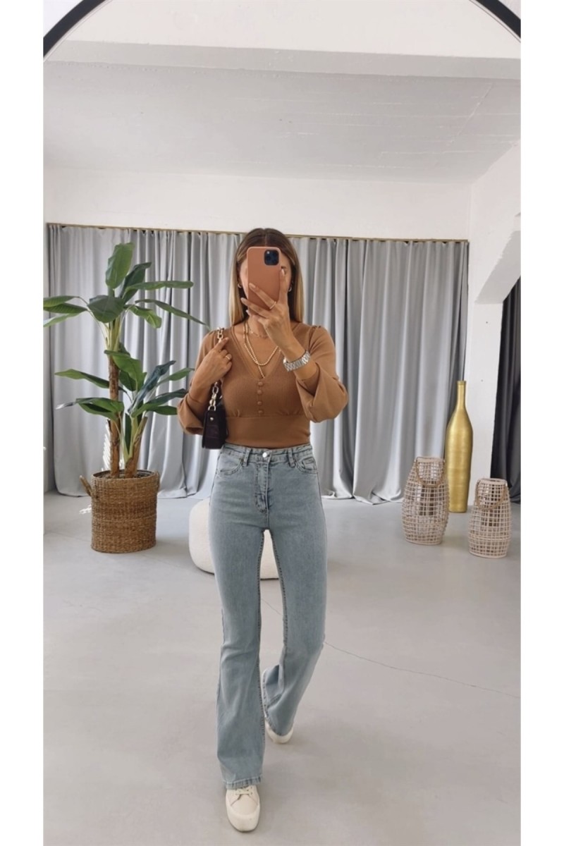 Arya Ispanyol Ispanyol Paça Jeans Solmaz Mavi Kar Yıkama Ispanyol Jeans Yüksek Bel Kot Pantolon