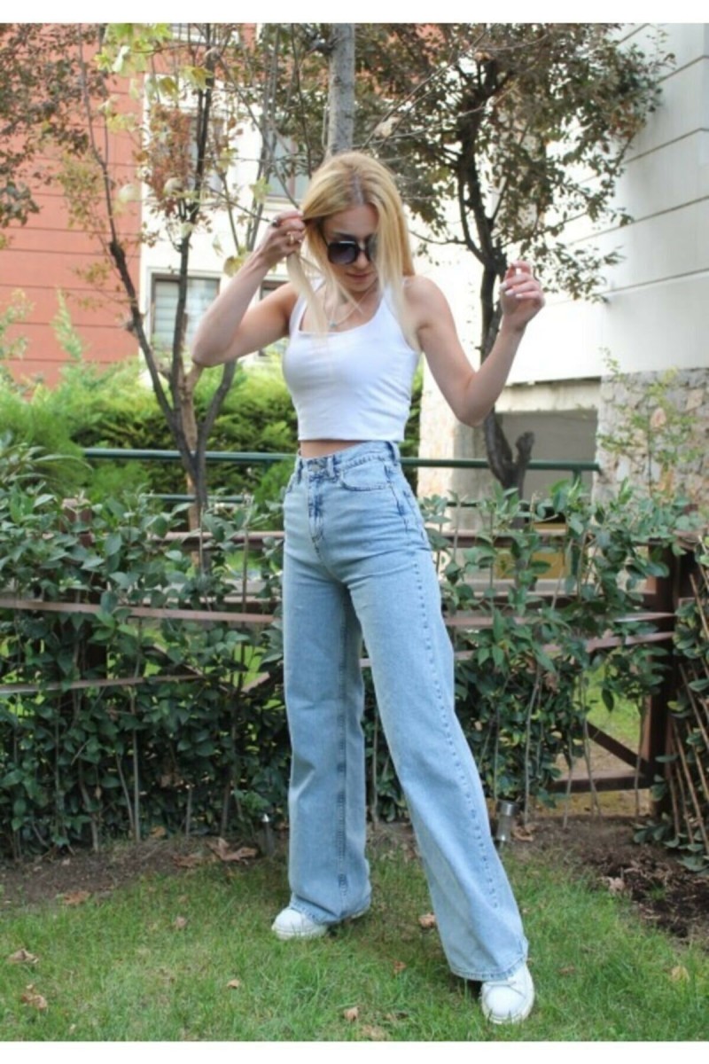 Cesy Likralı Kadın Buz Mavi Kar Yıkama Süper Yüksek Bel Salaş Paça Denim Kot Salaş Pantolon