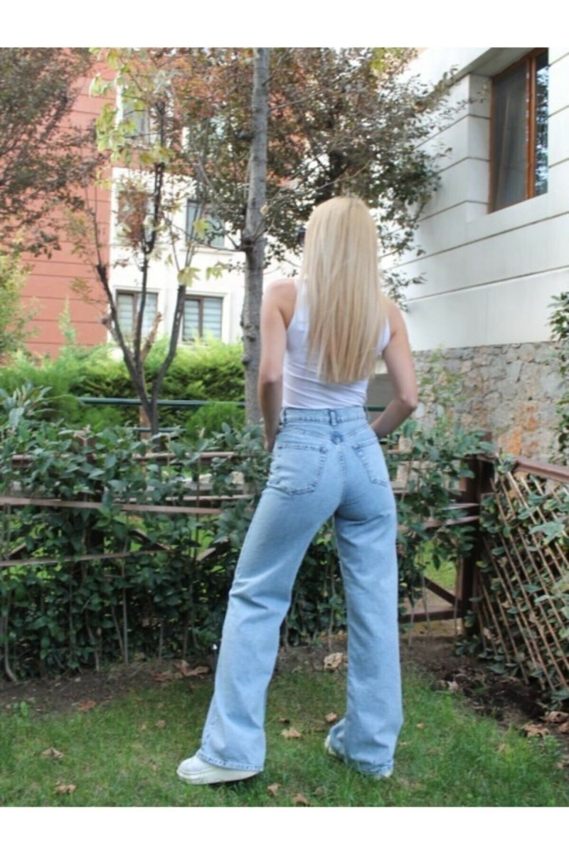 Cesy Likralı Kadın Buz Mavi Kar Yıkama Süper Yüksek Bel Salaş Paça Denim Kot Salaş Pantolon