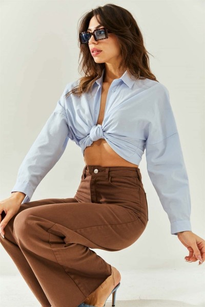 Carolina Kadın Solmayan Kahverengi Yüksek Bel Salaş Paça Kot Pantolon Palazzo Jeans