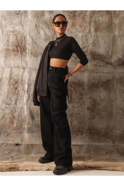 Aliss Siyah Solmaz Power Likralı Kadın Yüksek Bel Salaş Paça Salaş Jans Kot Pantolon
