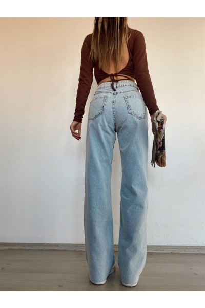 Aliss Mavi Kar Yıkama Power Likralı Kadın Yüksek Bel Salaş Paça Salaş Jans Kot Pantolon