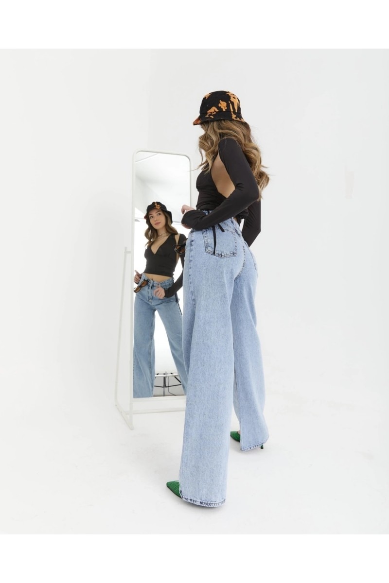 Aliss Mavi Kar Yıkama Power Likralı Kadın Yüksek Bel Salaş Paça Salaş Jans Kot Pantolon