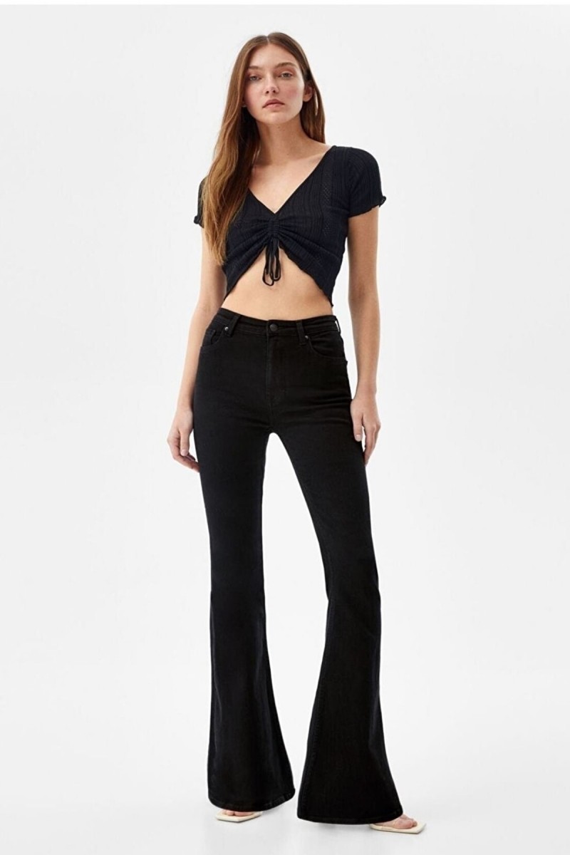 Nataly Gold Siyah Ispanyol Jeans Ispanyol Paça Kot Pantolon Yüksek Bel Toparlayıcı( Extra Rahat)