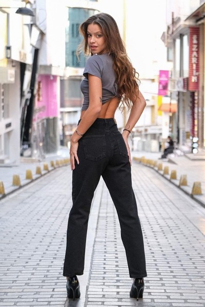 Emesta Siyah Solmaz Mom Jean Kadın Boyfriend Yüksek Bel Power Likra Pantolon