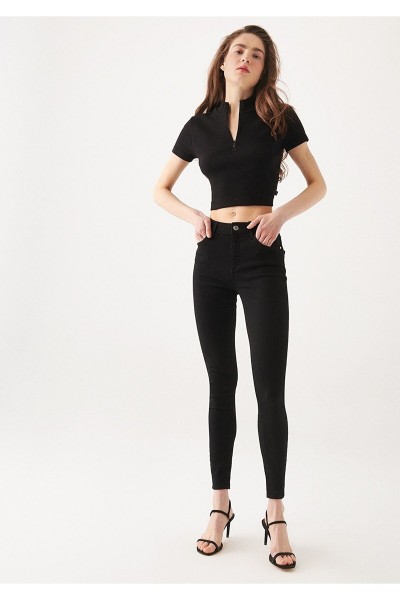 Akulina Siyah Yüksek Bel Toparlayıcı Skinny Dar Paça Solmaz Jeans Pantolon