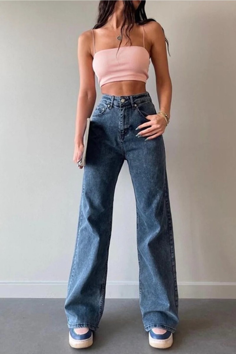 Serenay 90's Orta Kar Jeans Likralı Süper Yüksek Bel Salaş Paça Kot Pantolon ( Extra Rahat)