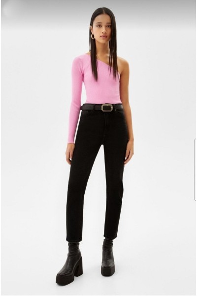 Siyah Solmaz Mom Jeans Boyfriend Yüksek Bel Power Likra Pantolon