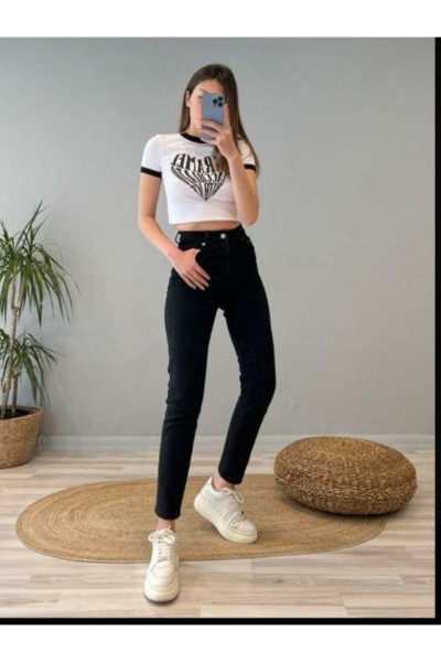 Enrica Siyah Solmaz Mom Jean Kadın Boyfriend Yüksek Bel Power Likra Pantolon