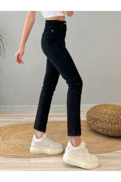 Enrica Siyah Solmaz Mom Jean Kadın Boyfriend Yüksek Bel Power Likra Pantolon