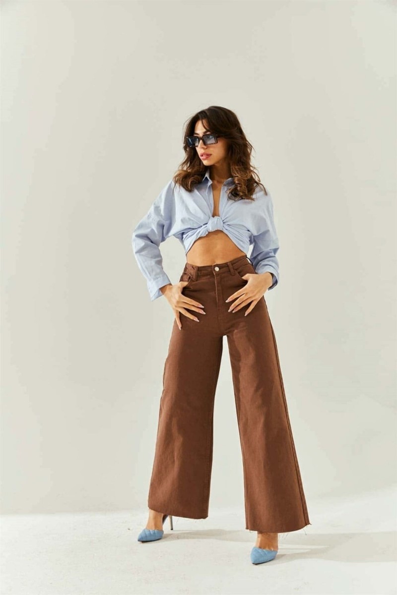 Carolina Kadın Solmayan Kahverengi Yüksek Bel Salaş Paça Kot Pantolon Palazzo Jeans Carolina Kadın Solmayan Kahverengi Yüksek Bel Salaş Paça Kot Pantolon Palazzo Jeans