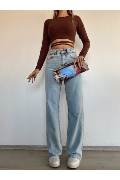 Aliss Mavi Kar Yıkama Power Likralı Kadın Yüksek Bel Salaş Paça Salaş Jans Kot Pantolon