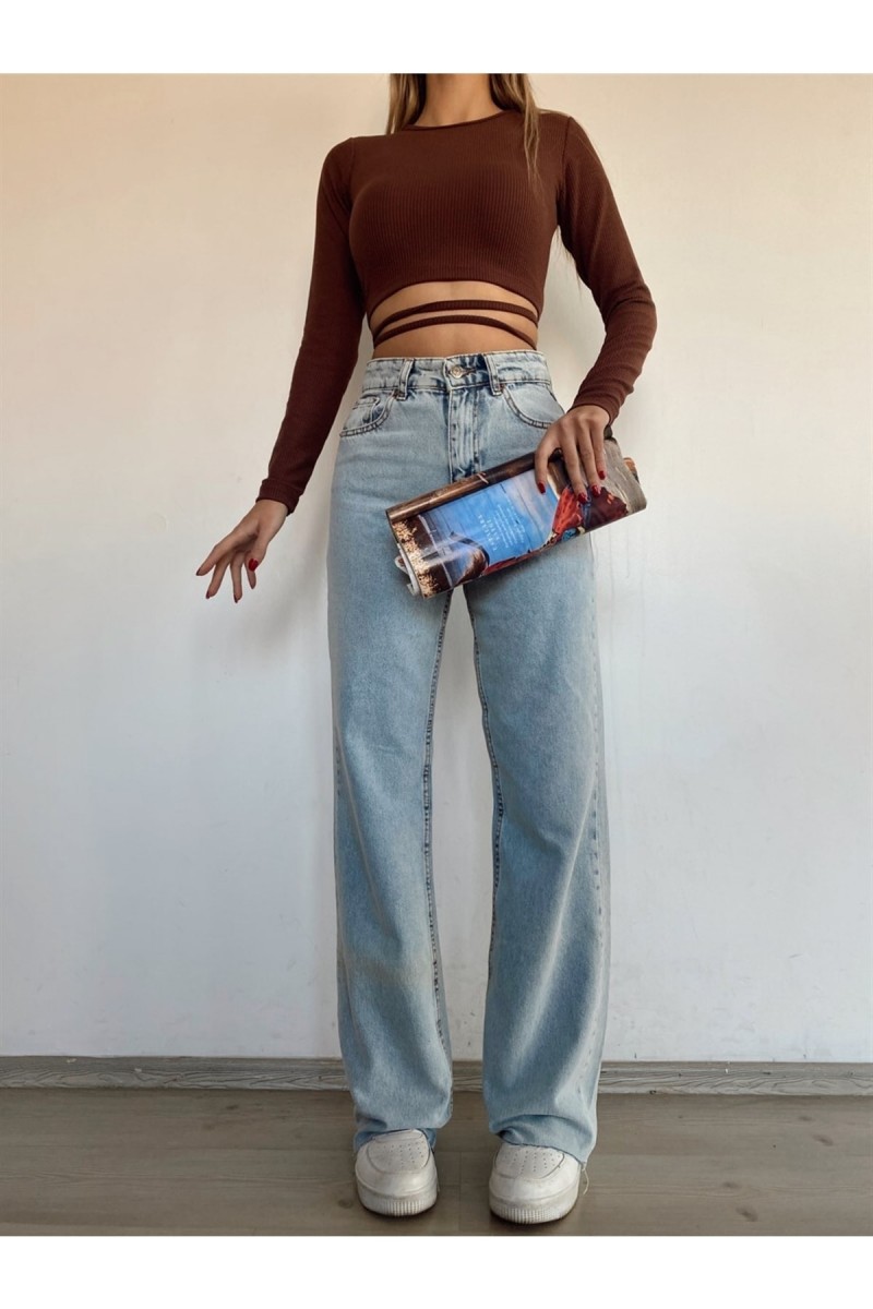 Aliss Mavi Kar Yıkama Power Likralı Kadın Yüksek Bel Salaş Paça Salaş Jans Kot Pantolon