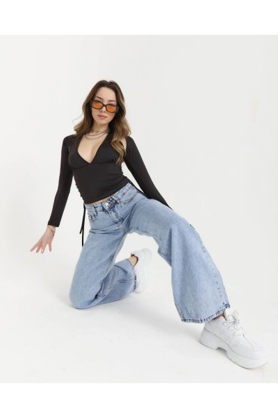 Aliss Mavi Kar Yıkama Power Likralı Kadın Yüksek Bel Salaş Paça Salaş Jans Kot Pantolon