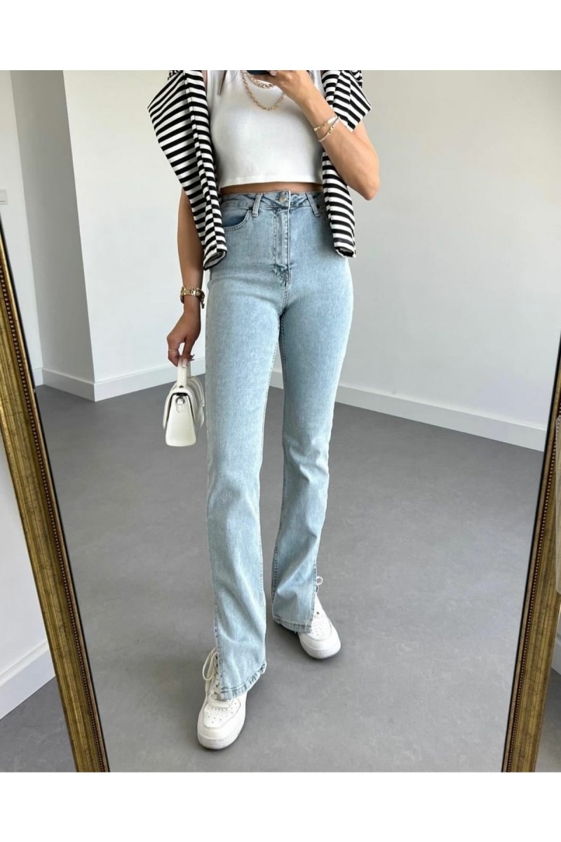 Candy Power Likralı Kadın Buz Kar Yüksek Bel Yandan Yırtmaçlı Salaş Paça Jans Kot Pantolon