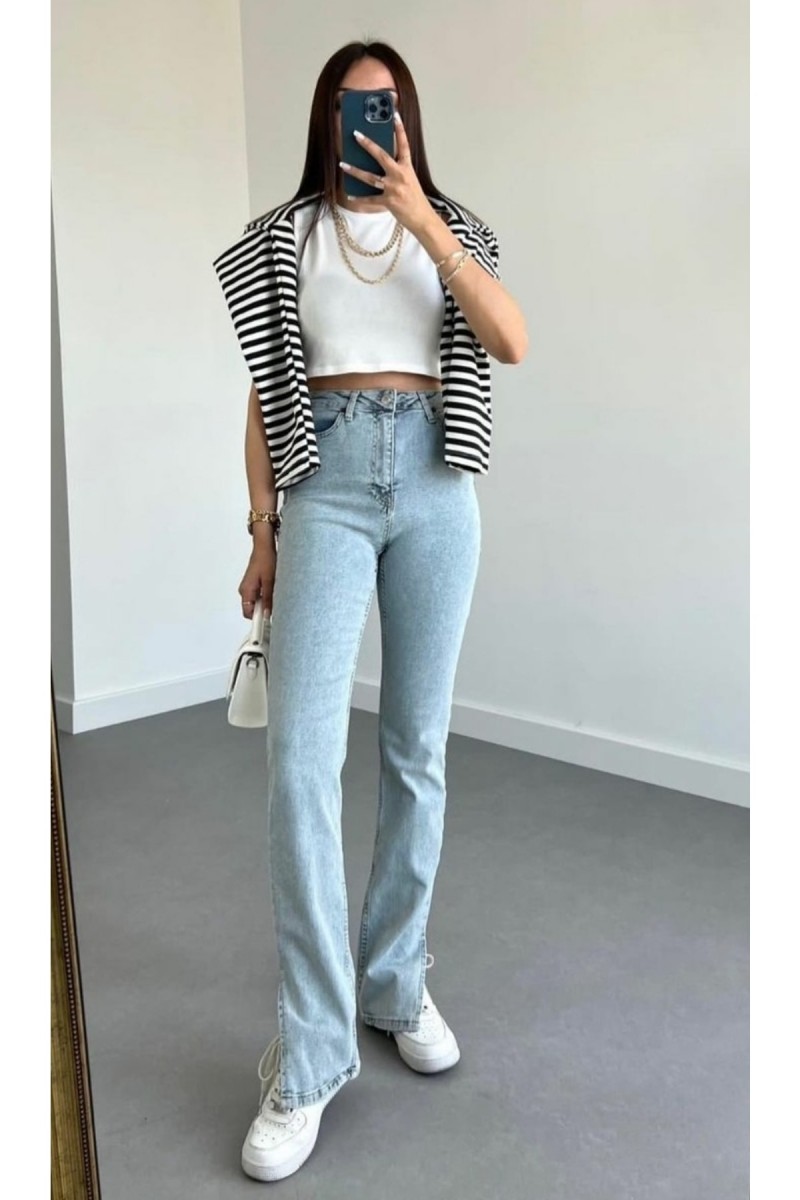 Candy Power Likralı Kadın Buz Kar Yüksek Bel Yandan Yırtmaçlı Salaş Paça Jans Kot Pantolon