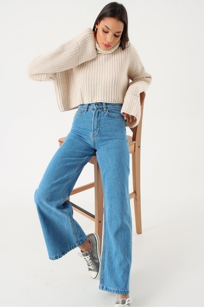 Luiz Likralı 90 s Kadın Mavi Süper Yüksek Bel Salaş Paça Denim Kot Palazzo Pantolon