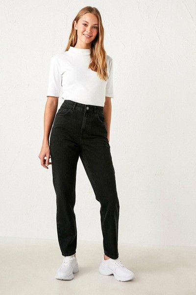 Siyah Jeans Kadın Beli Lastikli Yüksek Bel Mom Jeans