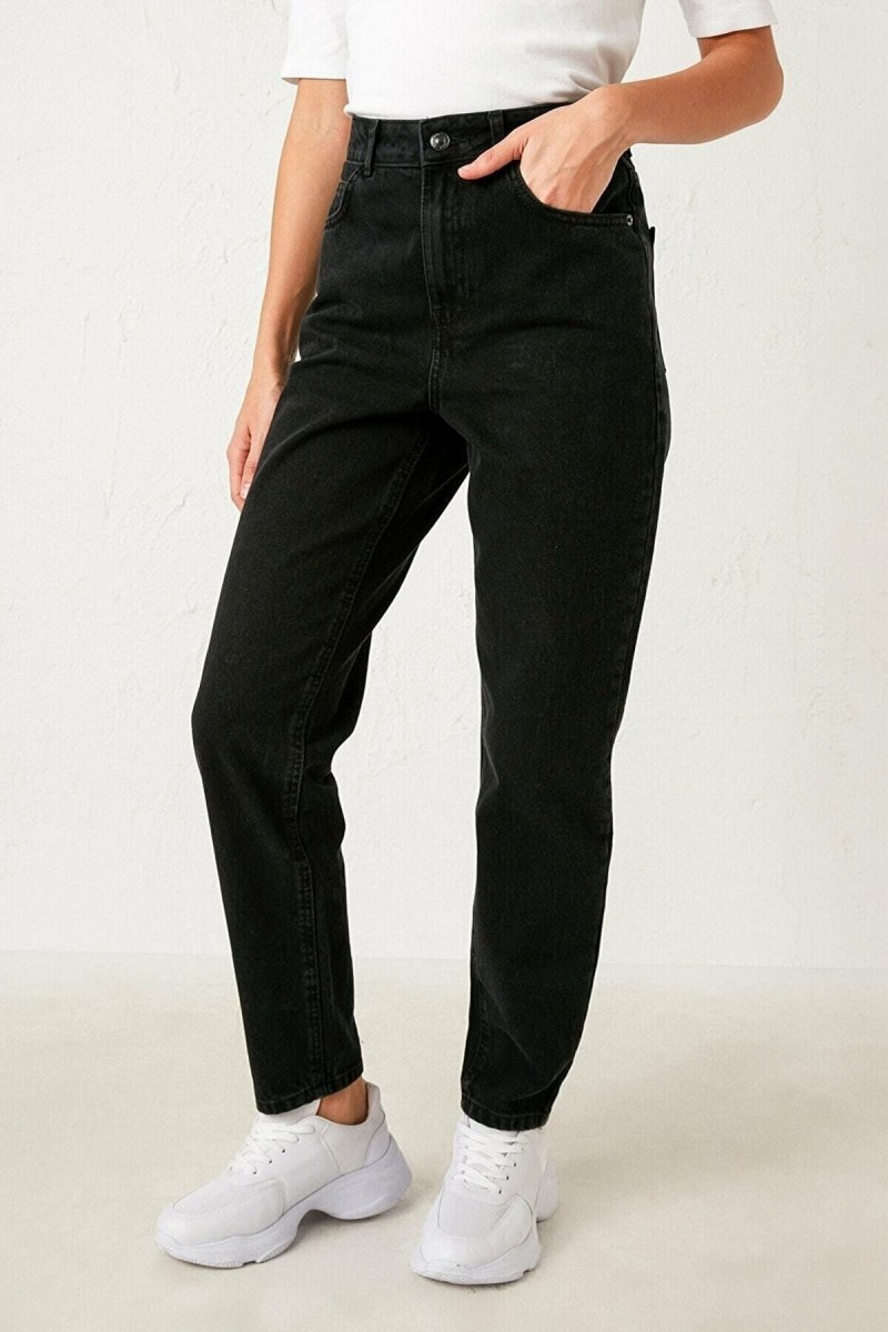 Siyah Jeans Kadın Beli Lastikli Yüksek Bel Mom Jeans