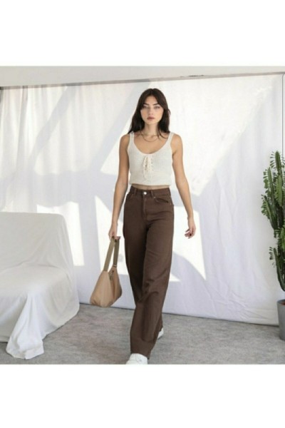 Kahverengi Likralı Süper Yüksek Bel Salaş Jeans Palazzo Pantolon. (süper Yüksek) Wide Leg