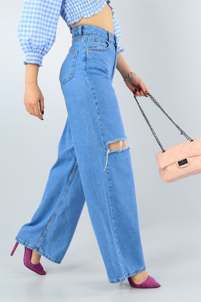 Maria Extra Süper Yüksek Açık Mavi Salaş Yırtık Jean Pantolon ( Solmayan) Wide Leg Drslspaca 2