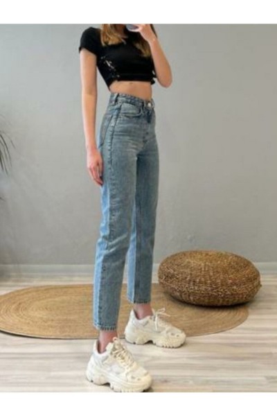Mavi Likralı Yüksek Bel Slim Mom Jeans