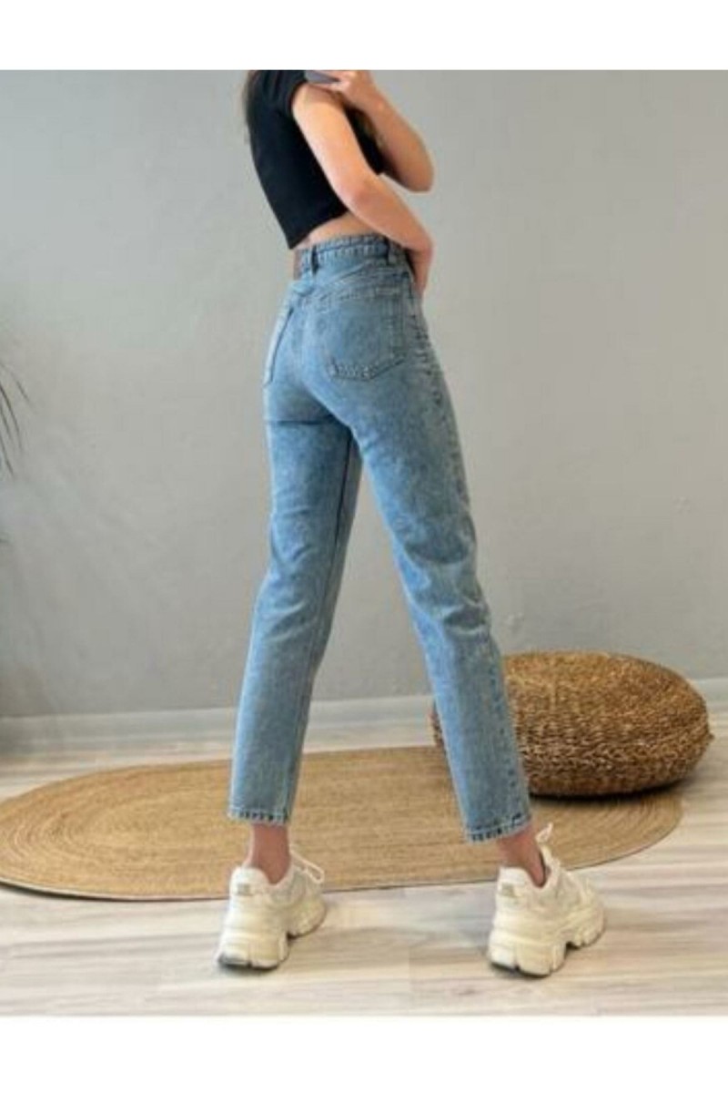 Mavi Likralı Yüksek Bel Slim Mom Jeans