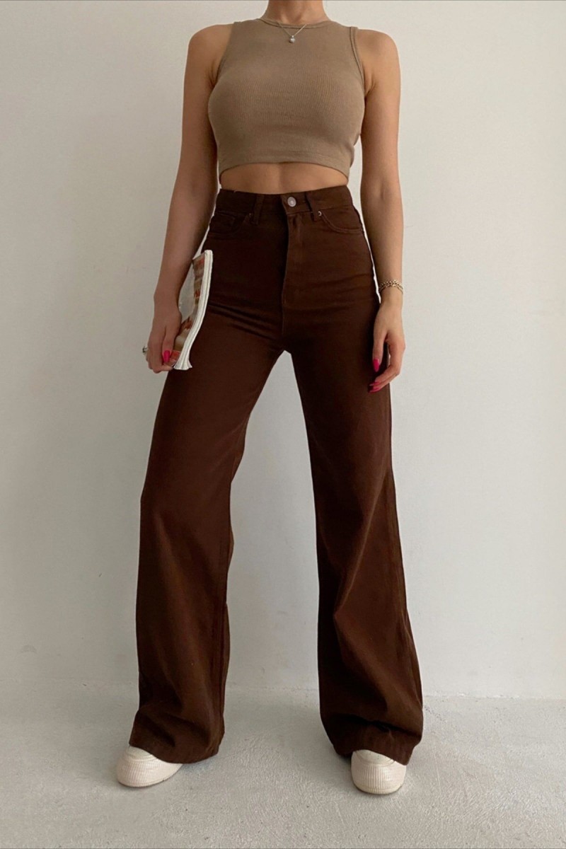 Kahverengi Likralı Süper Yüksek Bel Salaş Jeans Palazzo Pantolon. (süper Yüksek) Wide Leg Kahverengi Likralı Süper Yüksek Bel Salaş Jeans Palazzo Pantolon. (süper Yüksek) Wide Leg