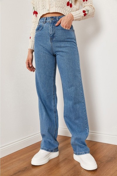 Likralı Düz Mavi Süper Yüksek Bel Salaş Jeans Palazzo Pantolon. (süper Yüksek) Wide Leg