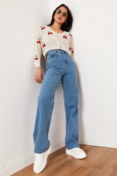 Likralı Düz Mavi Süper Yüksek Bel Salaş Jeans Palazzo Pantolon. (süper Yüksek) Wide Leg
