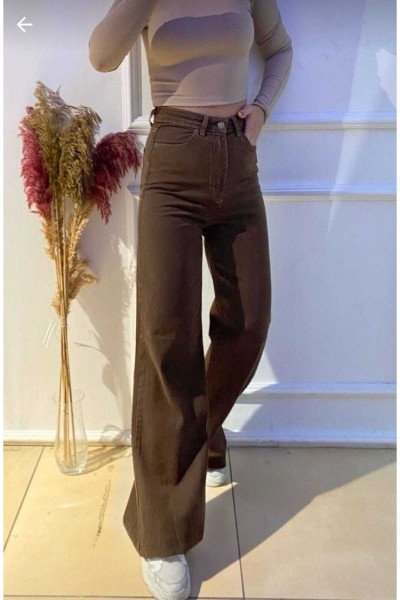 Kahverengi Likralı Süper Yüksek Bel Salaş Jeans Palazzo Pantolon. (süper Yüksek) Wide Leg