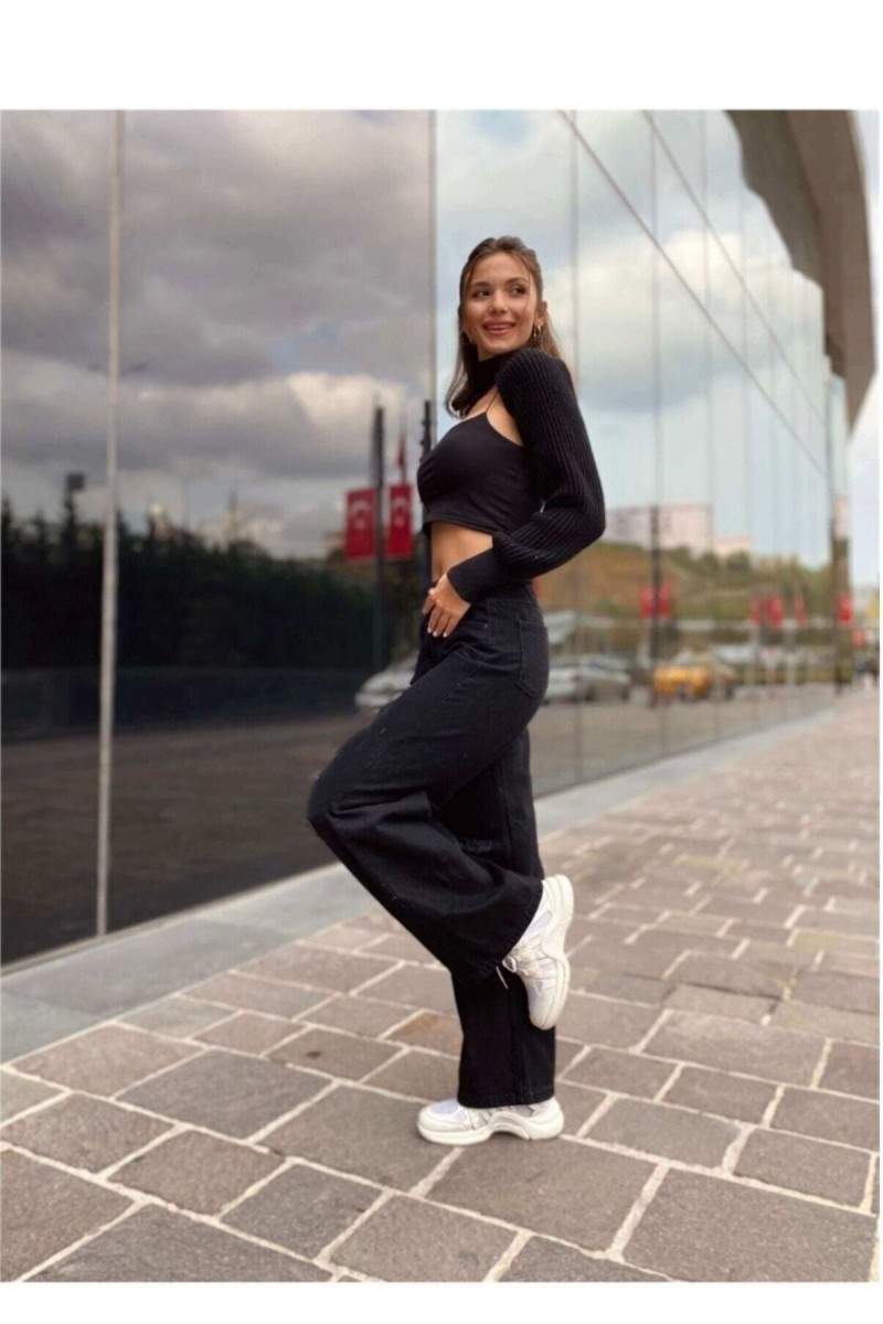 Siyah Likralı Süper Yüksek Bel Salaş Düz Detay Jeans Palazzo Pantolon( Süper Yüksek ) Wide Leg. Siyah Likralı Süper Yüksek Bel Salaş Düz Detay Jeans Palazzo Pantolon( Süper Yüksek ) Wide Leg.