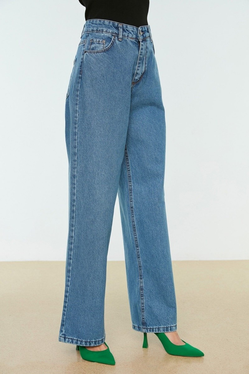 Kadın Salaş Likralı Kadın Orta Mavi Süper Yüksek Bel Salaş Paça Denim Kot Palazzo Pantolon