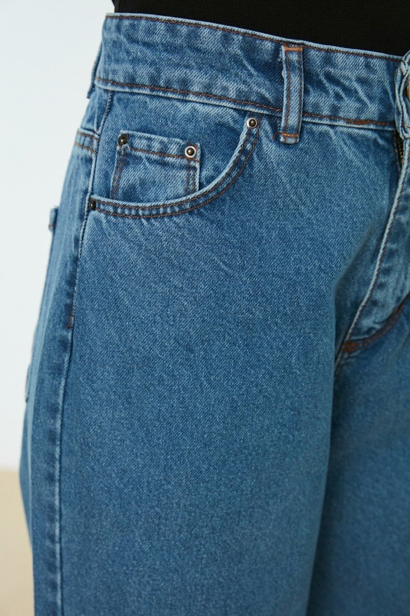 Kadın Salaş Likralı Kadın Orta Mavi Süper Yüksek Bel Salaş Paça Denim Kot Palazzo Pantolon