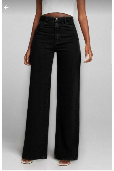 Moore Solmaz Siyah Likralı Süper Yüksek Bel Salaş Jeans Palazzo Pantolon Wide Leg Denim