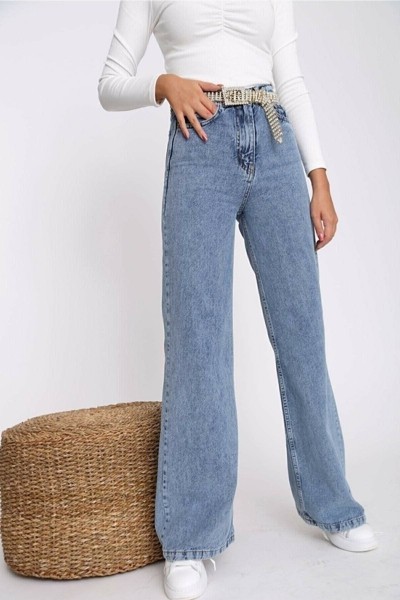 All Star Orta Kar Kar Likralı Kadın Mavi Süper Yüksek Bel Salaş Paça Denim Kot Palazzo Pantolon
