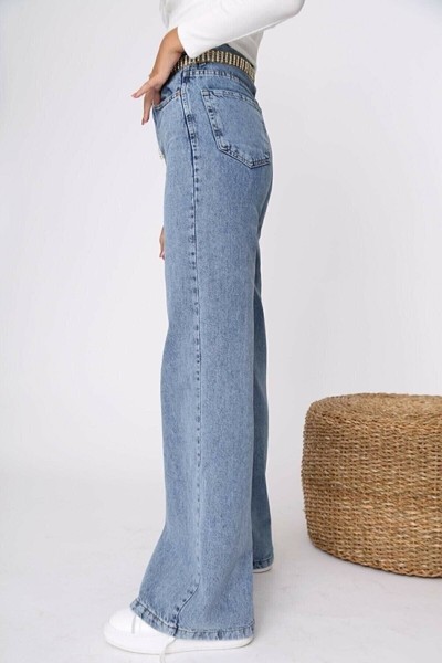 All Star Orta Kar Kar Likralı Kadın Mavi Süper Yüksek Bel Salaş Paça Denim Kot Palazzo Pantolon
