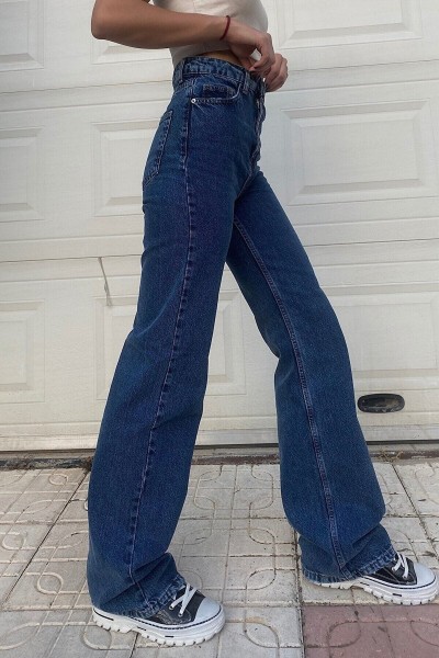 Kadın Salaş Likralı Kadın Mavi Süper Yüksek Bel Bol Paça Denim Kot Palazzo Pantolon
