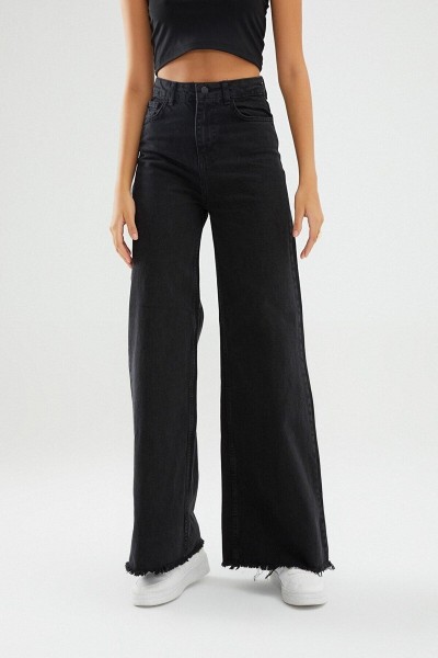 Siyah Likralı Süper Yüksek Bel Salaş Jeans Palazzo Pantolon. (süper Yüksek.) Wide Leg.