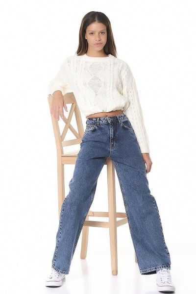 Koyu Mavi Likralı Süper Yüksek Bel Salaş Jeans Palazzo Pantolon. (süper Yüksek) Wide Leg