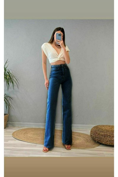 90 s Koyu Mavi Likralı Süper Yüksek Bel Salaş Jeans Palazzo Pantolon Wide Leg