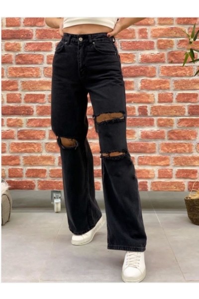 Extra Yüksek A.c.a.i.p S.o.l.m.a.z Siyah Salaş Yırtık Jeans Palazzo Pantolon (süper Yüksek Solmayan)